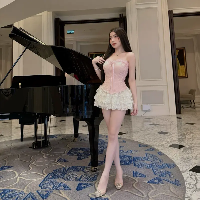 Sét áo CORSET CÚP NGỰC Khuy cài XƯƠNG CÁ+chân váy REN 4 TẦNG tiểu thư sang chảnh ĐI CHƠI ĐI TIỆC(có gọg) 3