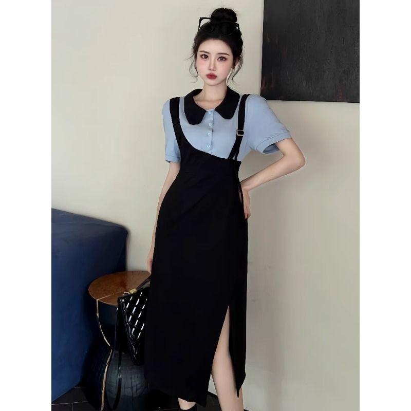 Product Introduction of 2024 Summer New Fashion Simple plus Size Women's Clothing Slim Fake Two Pieces Dress Short Sleeve Mid-Length Black Dress Casual Womenswear 1