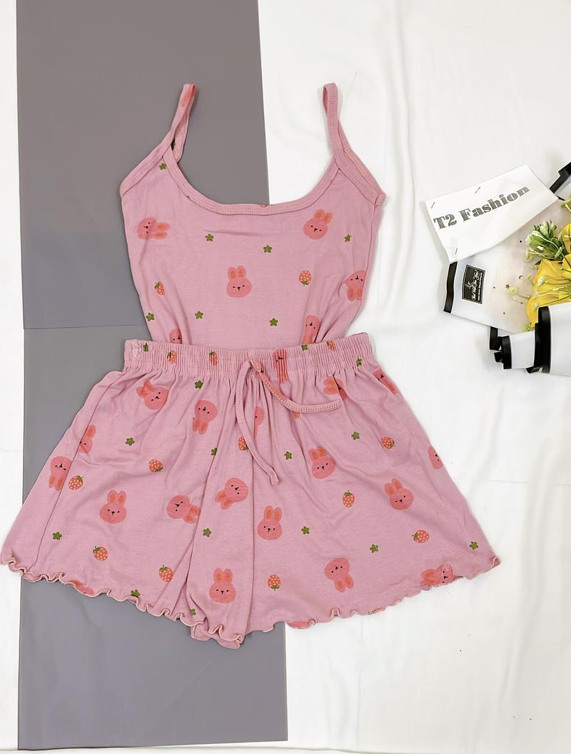 Product Introduction of Sét bộ đồ ngủ áo 2 dây và quần đùi họa tiết siu xinh chất Cotton co giãn T029 Nữ Nhung 21