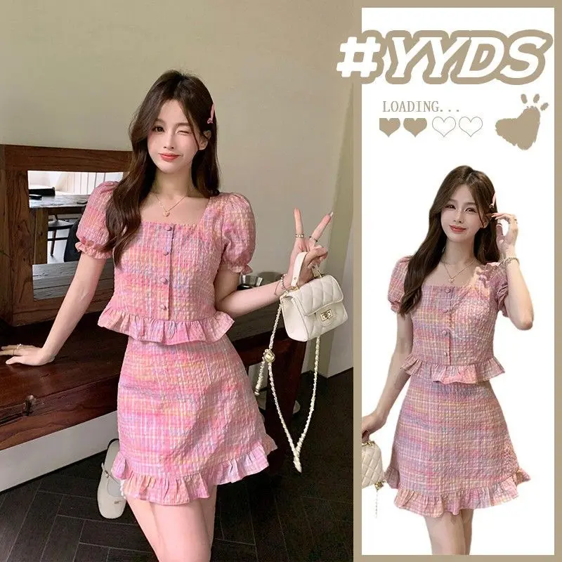 Large Size Pink Small Fragrant Style Bubble Sleeve Short Section Of The Head Plaid Shirt Blouse Female Ruffled Half-Body Skirt Two-Piece Set Womenswear Overalls Suits Lingerie multicoloured regular sleeve Comfort Short Sleeve
