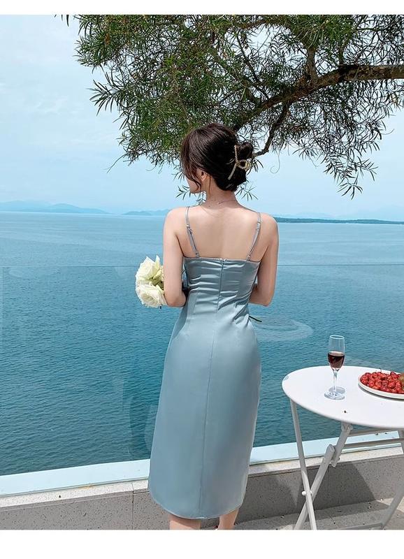 Product Introduction of D2829-French blue suspender dress, women's summer satin texture, high-end feeling, slim fit temperament, design sense, unique dress 9