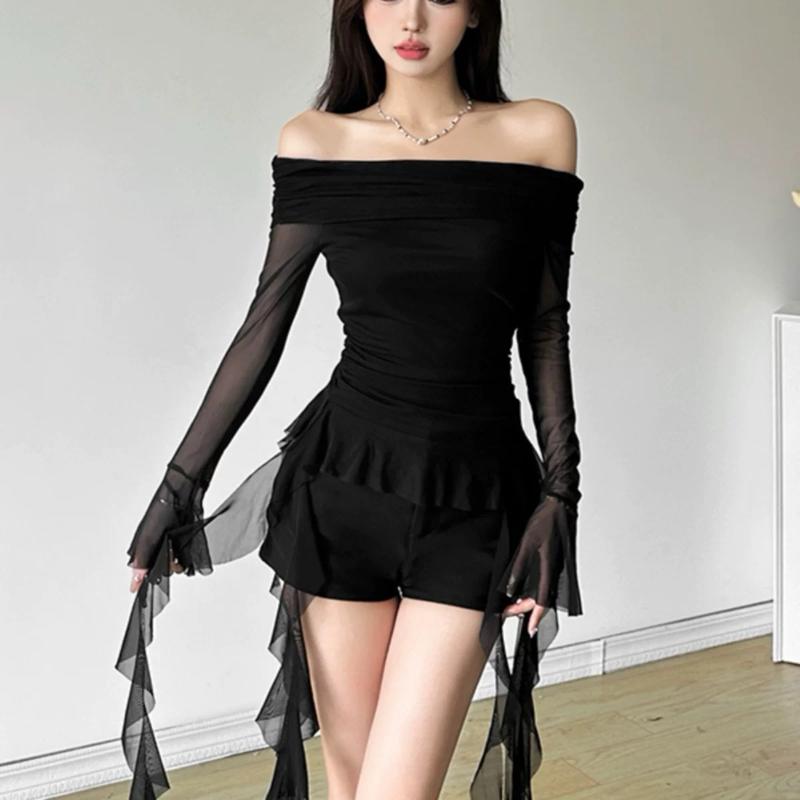 Áo trễ vai thun lưới tay dài T5 bigsize trắng đen