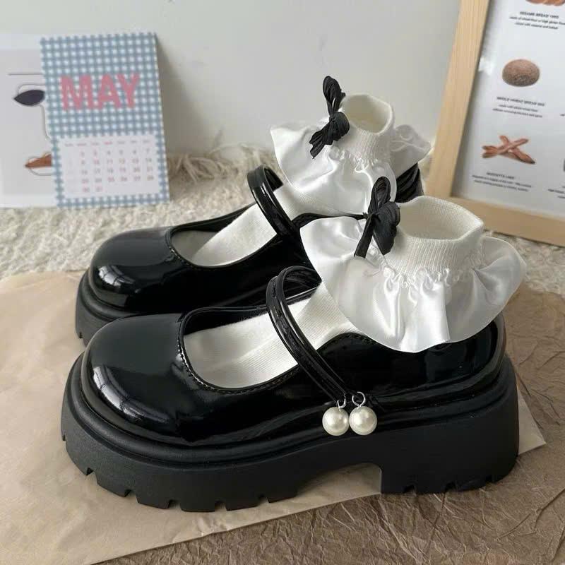 chân gầy mỏng lùi 1 size Giày đốc nữ quai hai hạt da trơn đế 5-6 cm chất da bóng Women Shoes