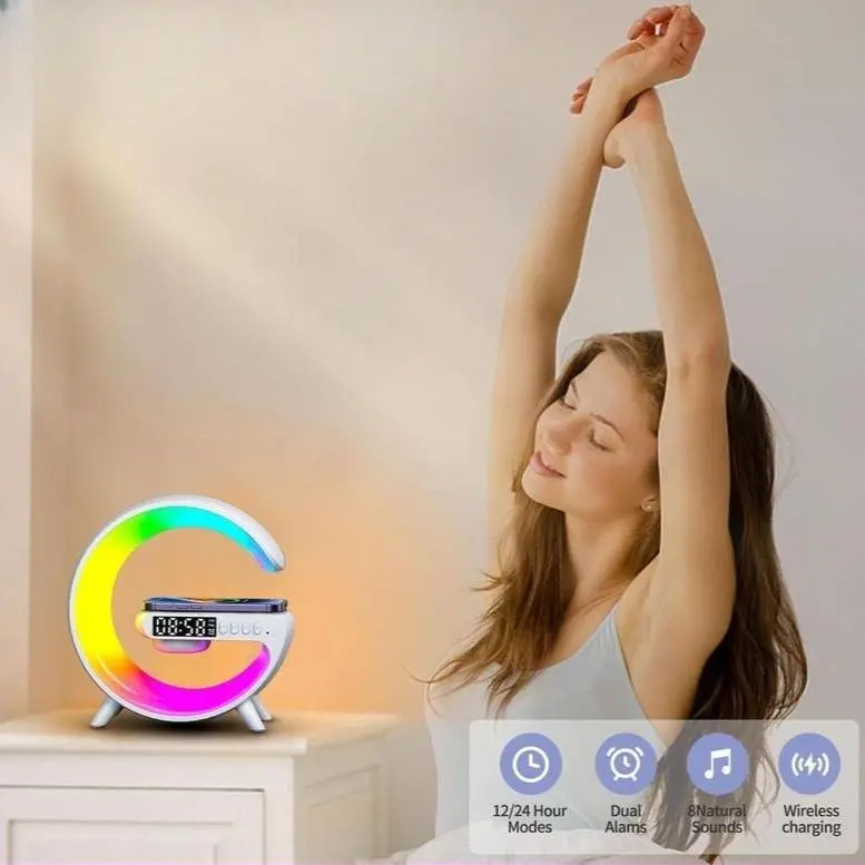 Ritm musik RGB speaker G63 Light al Speak 10W mobile wireless charger mendukung masukan AUX kartu TF Jam Led Ponsel Telepon Lighting Putih 5