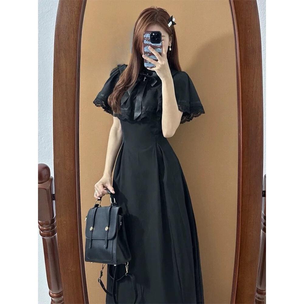 CHICMORE Gaun maxi lengan pendek dengan pita cantik di kerah warna solid elegant