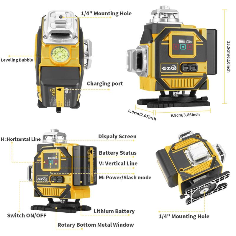 Laser Levels, 4x360 Self Leveling 16 Lines Green Beam 4D Cross Professional Line Laser Tool, LCD Screen, Remote Controller, Lifting Base 1