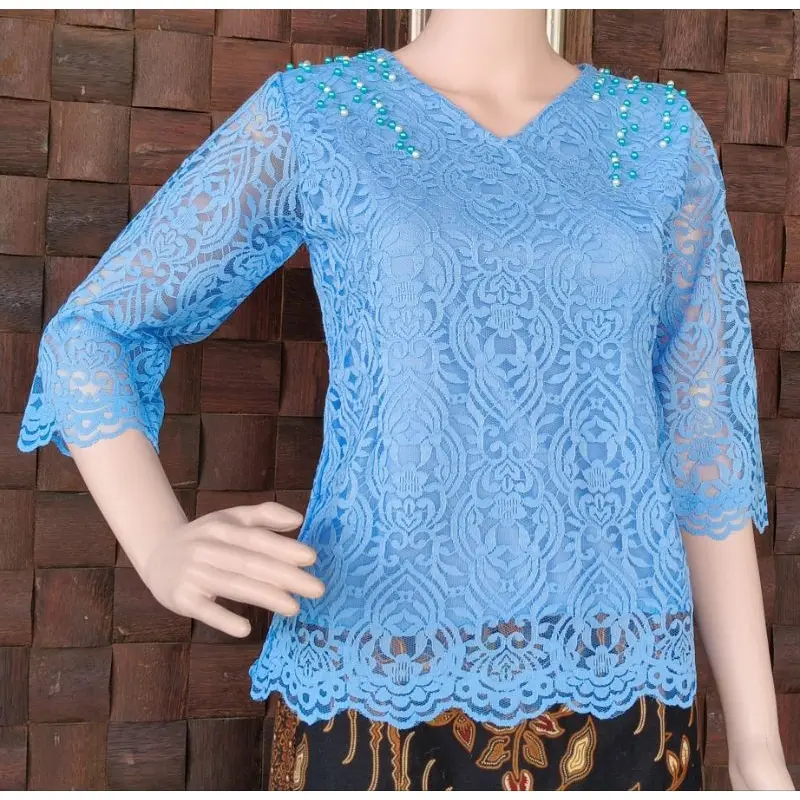 Atasan Blus Brokat Renda Premium Terbaru Ellove, Leher V Tangan Lurus, Pakai Furring Resleting Belakang. 3