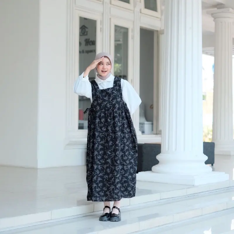 SETALAN OVERAL DRESS MOTIF FLORAL/SET 2IN1 OVERAL DRES/HIMARI MIDI DRES SATU SET/SETELAN DRES DAN KEMEJA LENGAN BALON Panjang Cantik Wanita Casual Nyaman 5