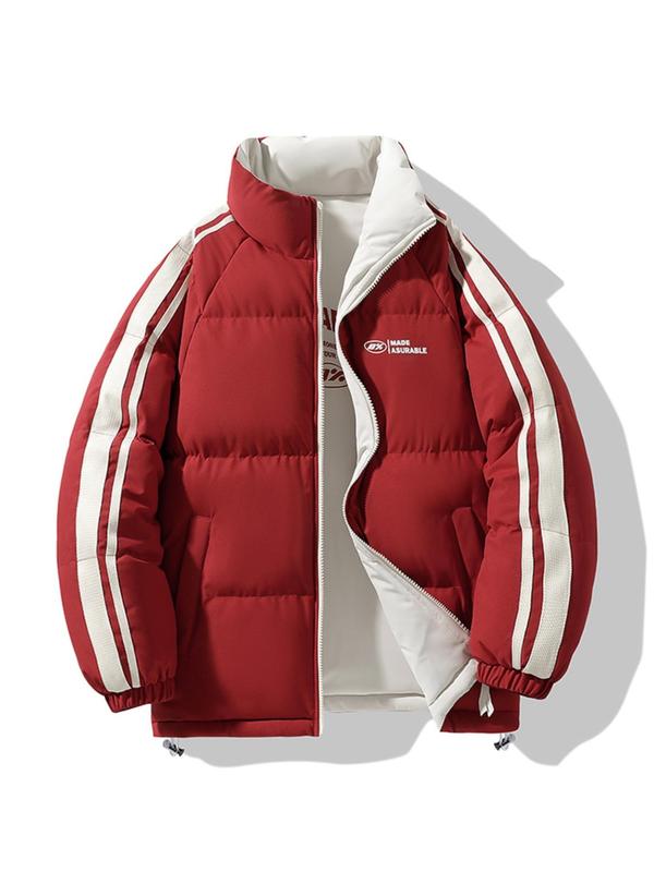 Men's Letter Print Side Stripe Double-sided Zip Up Jacket, Regular Fit Casual Pocket Long Sleeve Stand Collar Outerwear for Fall & Winter, Men's Clothes for Daily Wear 4
