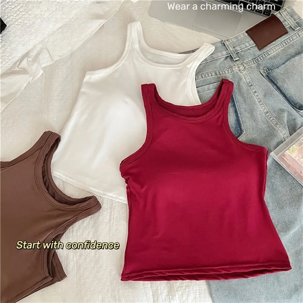 Women's Seamless Camisole With Chest Pad Sleeveless Girl Crop Top U-shaped Collar Solid Color Basic Elasticity Female Tube Tank Soft Breathable Nylon Fabric Outfots Vest For Ladies