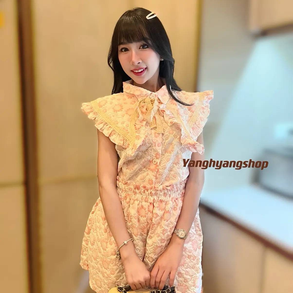 ชุดเซต 2 ชิ้น พิมพ์ลายดอกไม้ detail คอตุ๊กตา