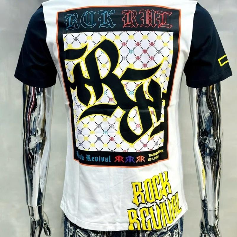 Áo Thun Nam Rock Revival Màu Trắng Phối Vai Đen In Hoạ Tiết Nổi