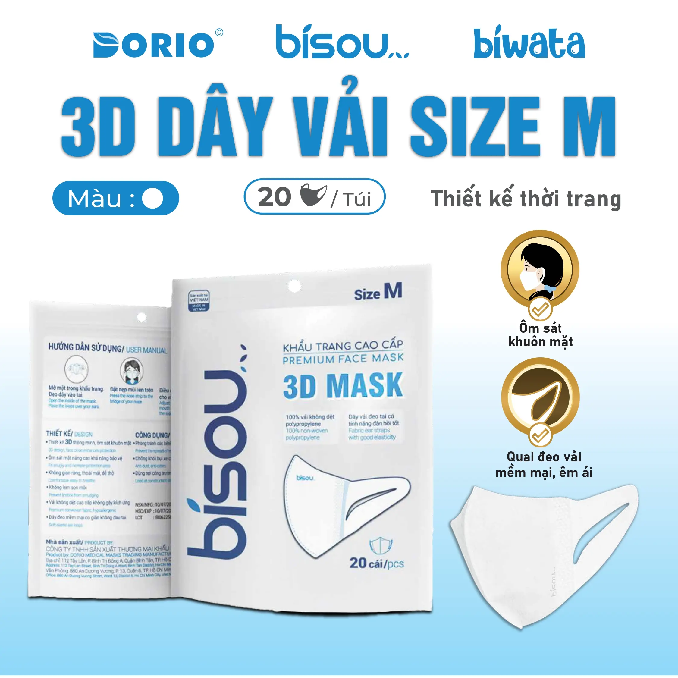 Túi 20 cái khẩu trang cao cấp 3D dây vải hiệu BISOU Phụ Kiện