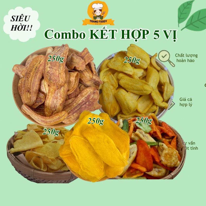 Combo kết hợp 5 vị gồm 250g mít sấy 250g xoài sấy dẻo 250g khoai lang sấy mật ong 250g chuối sấy không đường 250g trái cây sấy thập cẩm 
