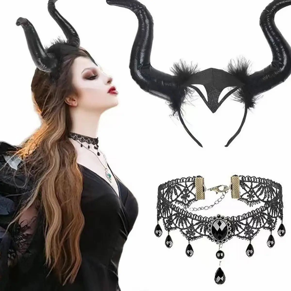 (high quality)Hot Selling Popular Halloween Accessories Devil's Horn Headdress Devil Witch Cos Clothing Props Black Horn Necklace Two-Piece Set Womenswear Costumes Lingerie Lady Comfort