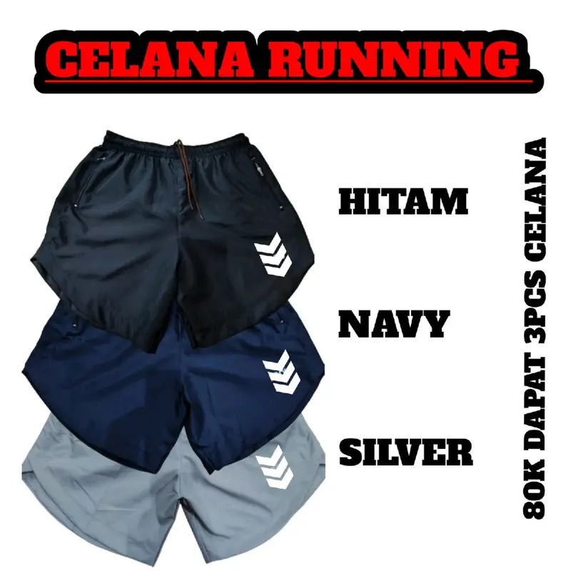 Paket Celana Running Hitam Navy Dan Silver Logo Setrip 3 Bahan Parasut Despo Berkualitas Saku 1