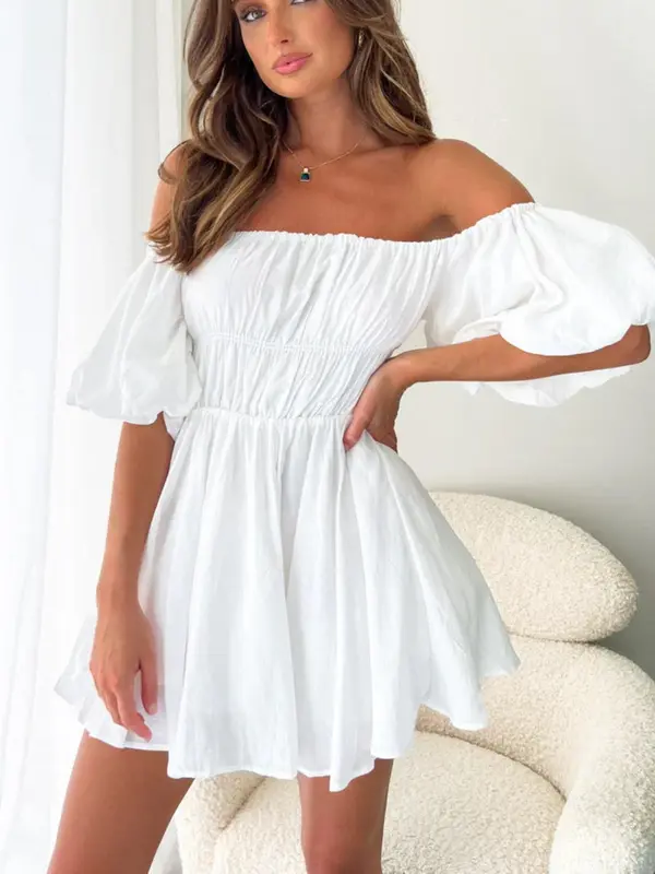 Women's Plain Bubble Sleeve Dress, Elegant Off Shoulder Short Dress for Party Holiday Wedding Guest, Ladies Clothes for All Seasons 6
