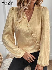 YOZY Women's Glitter Bishop Sleeve Button Front Blouse, Elegant V Neck Long Sleeve Top for Daily Wear, Ladies Clothes for All Seasons