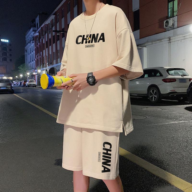 Product Introduction of Summer New Trendy Hong Kong Style Simple Letter Printing Leisure Sports Suit Green Student Short Sleeve Shorts Two Pieces Suit Menswear Overalls Lingerie Formal 5