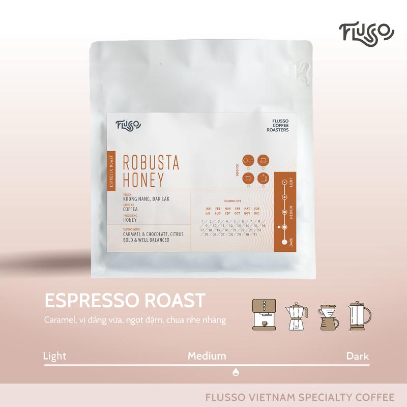 Cà Phê Espresso Flusso Robusta Honey – Hạt Cà Phê Nguyên Chất Rang Xay Đậm Đà