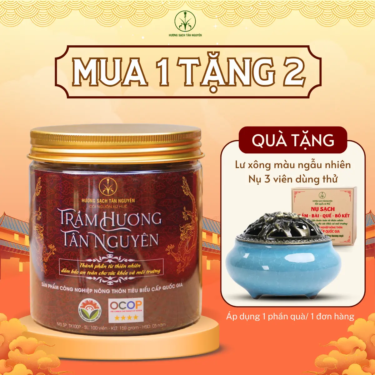 [TẶNG LƯ XÔNG GỐM + HỘP NỤ NHIỀU MÙI] Nụ Trầm Hương Tân Nguyên, Hộp Nắp Nhôm 100 Viên, Trầm Sạch Huế Nguyên Chất Tự Nhiên OCOP 4 Sao - Thơm Tự Nhiên, Thư Giãn, Xông Phòng, Dùng Cúng, Thiền, Khử Mùi, Thanh Lọc Không Khí, Dễ Ngủ, Khử Ẩm Mốc, Dầu Thơm Phòng