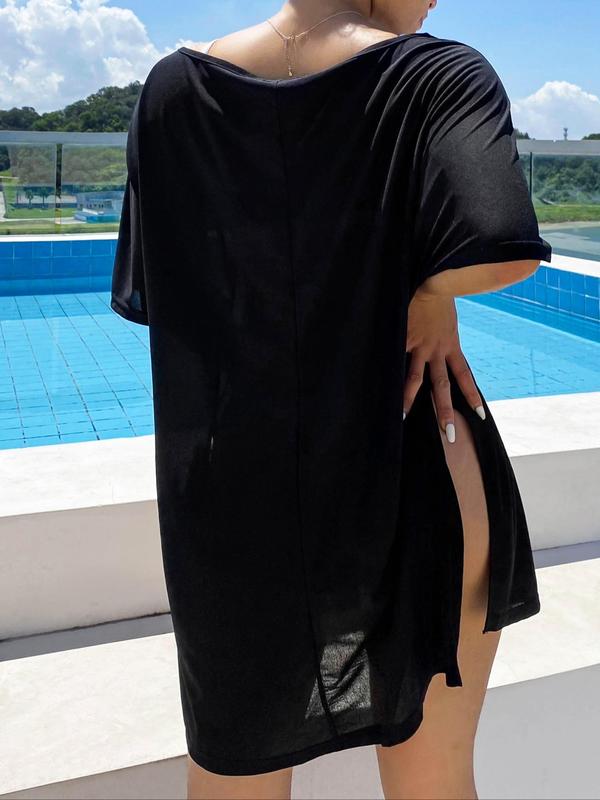 Women's Plain Side Split V Neck Cover Up, Summer Clothes Women, Minimalist Casual Short Sleeve Cover Up for Beach Vacation, Ladies Comfort Clothes for Summer, Womenswear 1