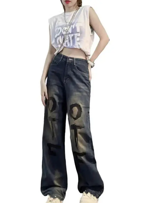 QUẦN JEANS NỮ XANH CẠP CAO KHÔNG GIÃN WASH LOANG MÀU BỤI VÀNG IN CHỮ SƠN ĐEN THỜI TRANG CÁ TÍNH Women Pants Có Túi Navy 7