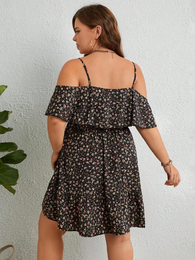 Product Introduction of 【Plus Size】 Ditsy Floral Print Cold Shoulder Dress, Boho Fashion Casual Dress for Daily Holiday Vacation Wear, Women Plus Clothing for Summer, Womenswear 7