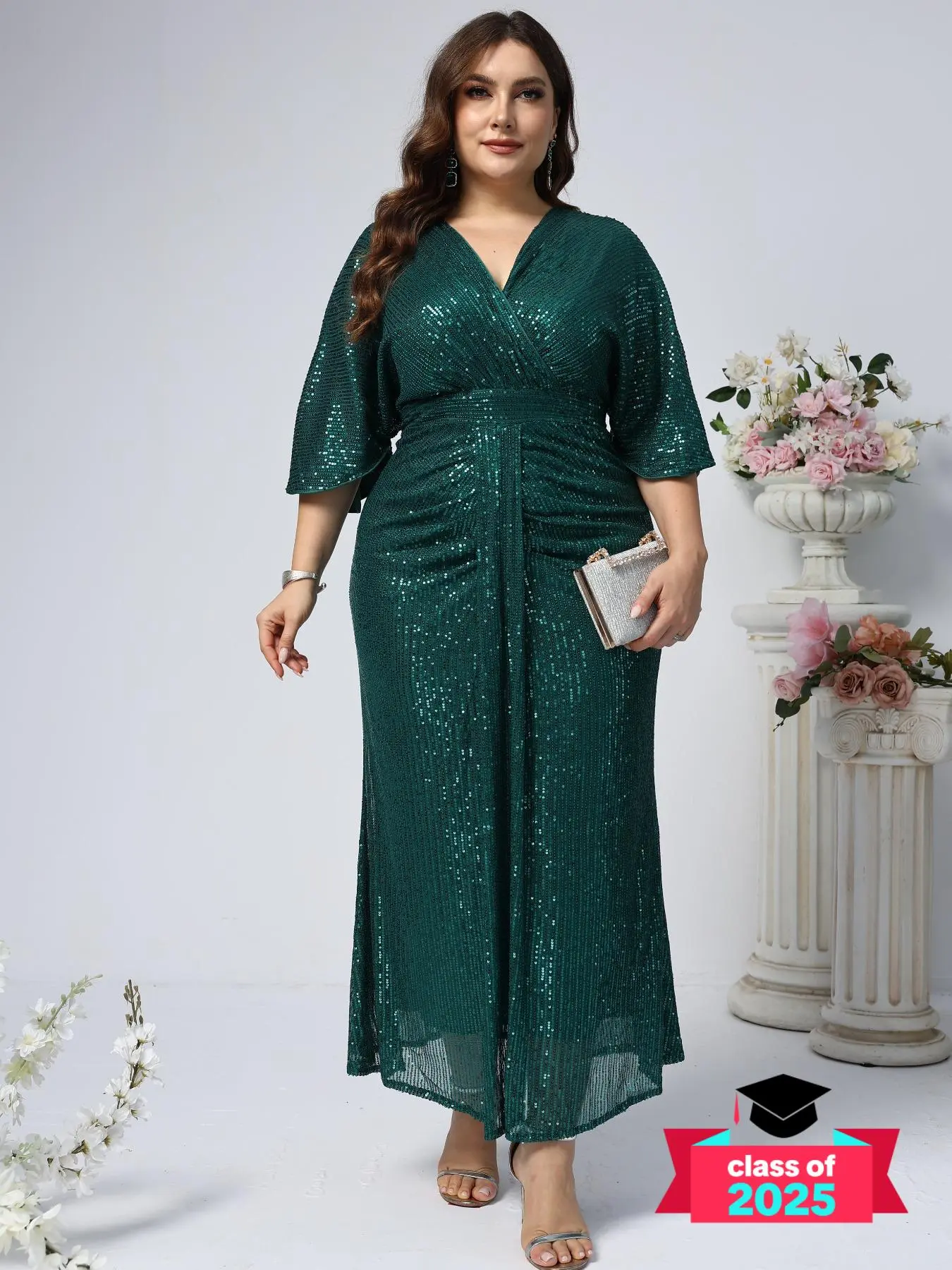【Plus Size】 Glitter Sequins V Neck Ruched Evening Dress, Elegant Formal Dress for Party & Banquet, Women's Clothes for All Seasons
