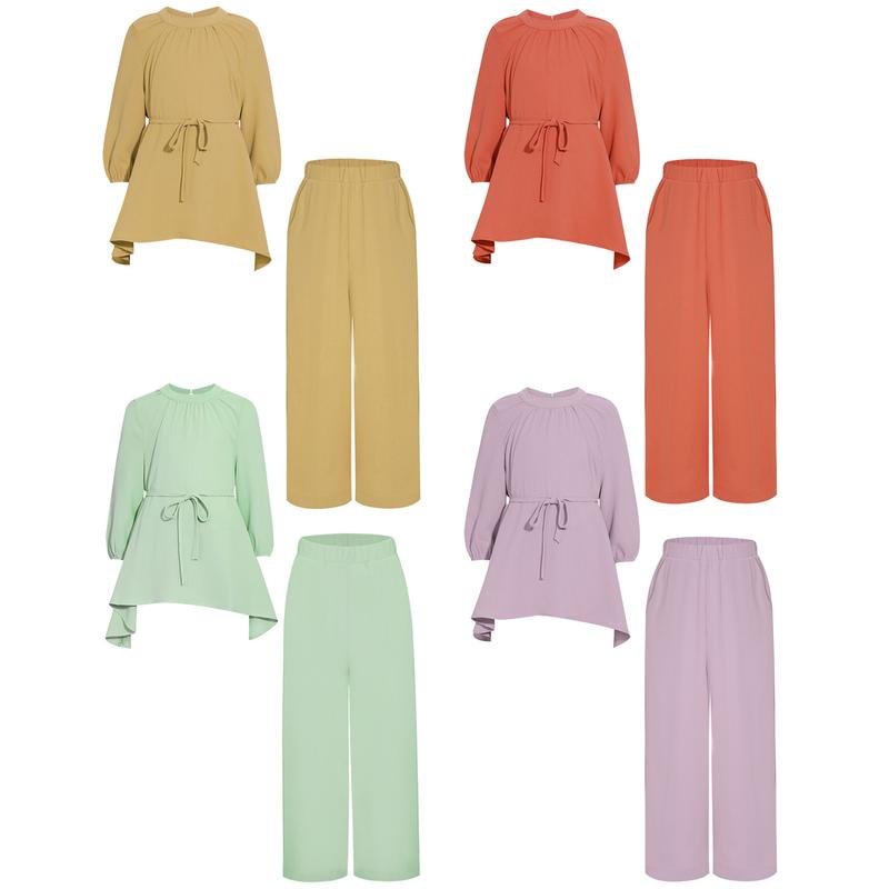 Sholeno Kids Girls Casual Muslim Outfit Round Neck Long Sleeve Loose Ruffled Top with Wide-Leg Pants Belt 1