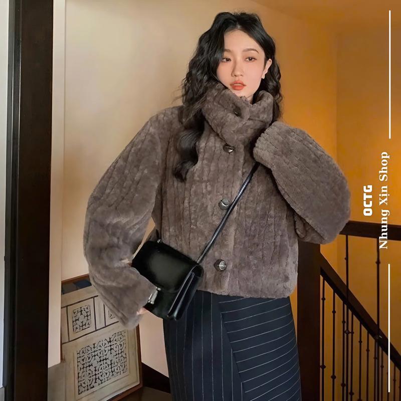 Áo khoác lông thỏ dáng ngắn VÂN NÂU ĐẬM style Hàn Quốc