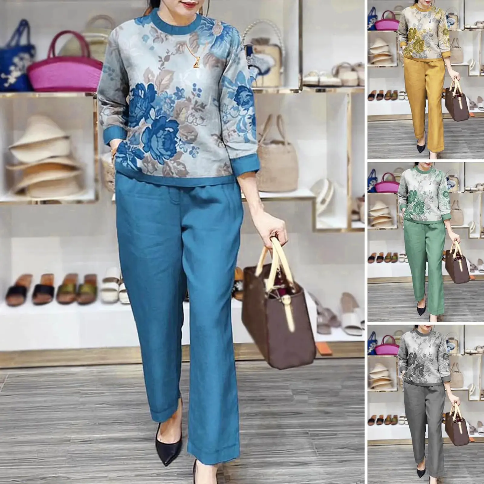 wcallpse-2 Pcs/Set Women T-shirt Pants Set Flower Print Three Quarter Sleeves Round Neck Loose Pockets Wide Legs Fall Spring Top Trousers Suit Female Clothes