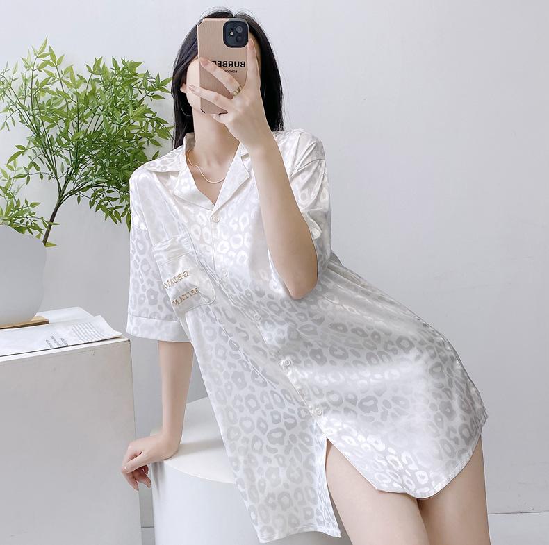 Product Introduction of 2025 New Ice Silk Nightdress for Women Summer Short Sleeve Cardigan Mid-Length Pajamas Thin Sexy Loose Loungewear 11