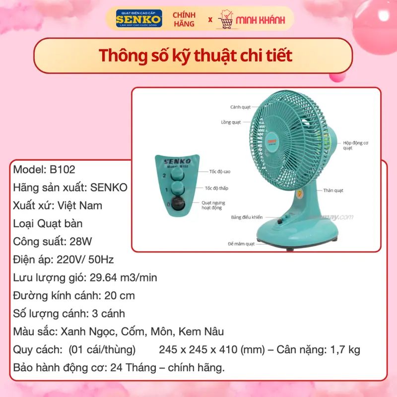 Quạt bàn mini 3 cánh Senko B102 - Nhỏ gọn, êm ái, gió mạnh, màu sắc xinh xắn, dùng cho ít người QuạT Fan 3