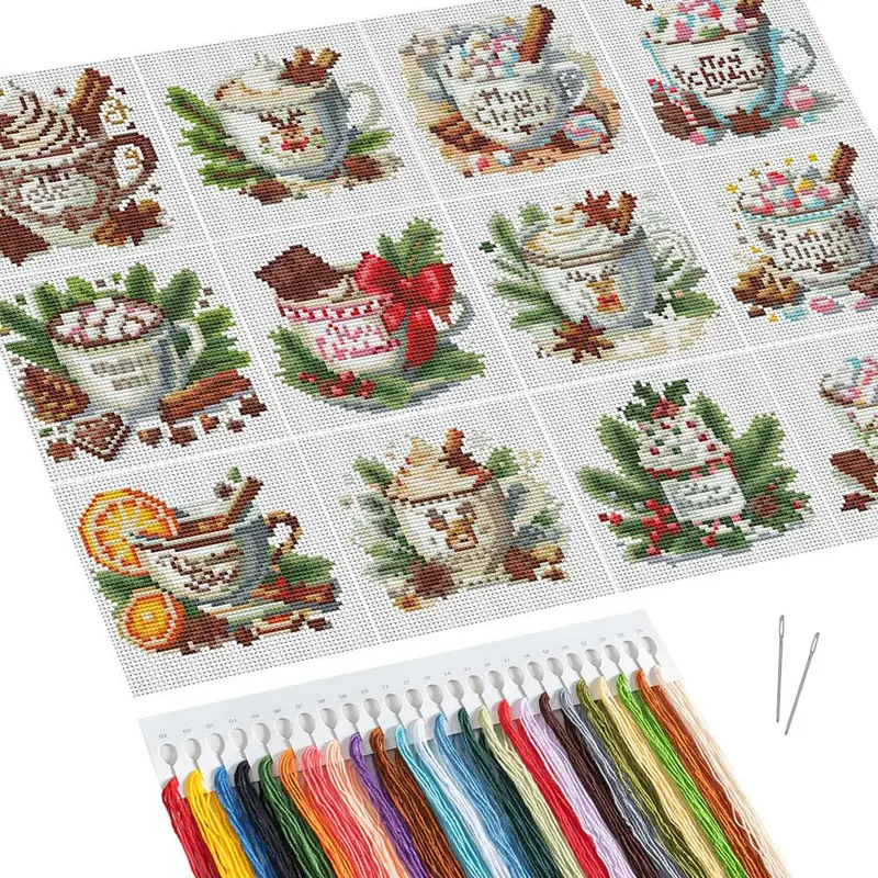Coffee Cup Pattern Cross Stitch Kit for Beginners, 12pcs/set Cross Stitch Printed Canvas with Tools, Cartoon Needlework Craft for Home Decor 0