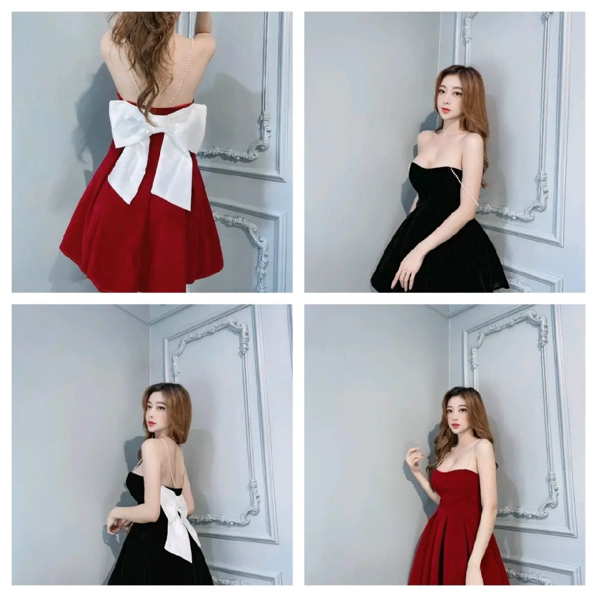 Váy nữ xoè chất Nhung cúp phối nơ dây ngọc. Váy Nhung tiểu thư