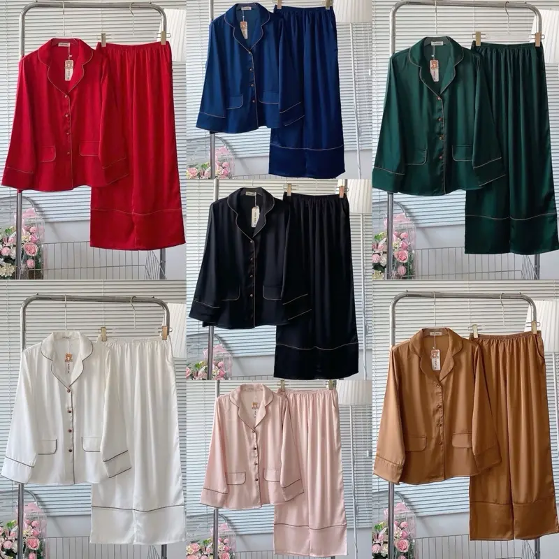 Size M XL 40-68kg . Đồ Bộ Pijama Túi Nắp Lụa Latin Mềm Mát  . KHÔNG XƯỚC TRẮNG Quần có túi . Quần Dài . Nữ Women