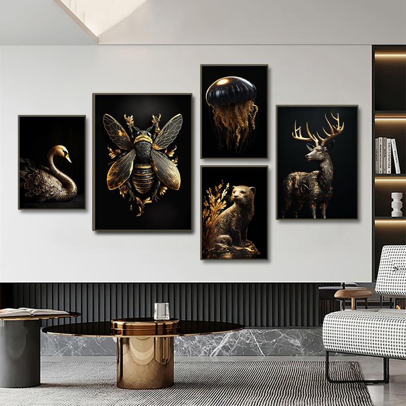 Product Introduction of Black Gold Eagle Lion Canvas Painting Metal Poster Wall Art Nordic Deer Tiger Wolf Swan Aesthetic Picture for Living Room Decor 7