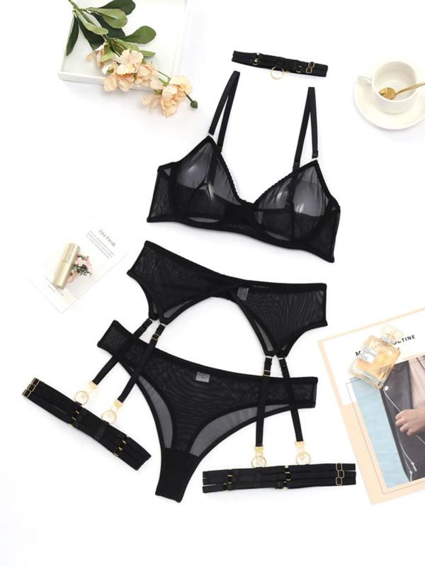Women's Solid Sexy Lingerie Set, Naughty Lingerie, Push Up Bra & Panty & Garter Belt & Choker, Sexy Comfy Lingerie Set for All Seasons, Lady Underwear for Daily Wear, Naughty Lingerie 8