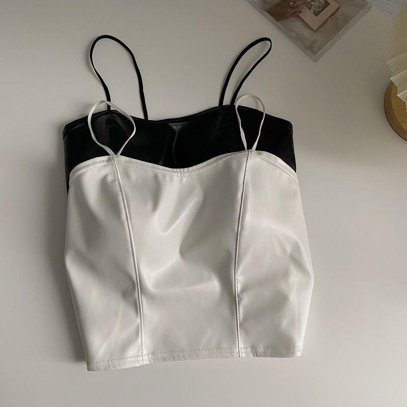 Product Introduction of European and American hot girl PU leather jacket, camisole, small vest, women's autumn outfit with chest cushion, short base shirt, top Lingerie Tube Lady Basic Minimalist Spaghetti Strap 8