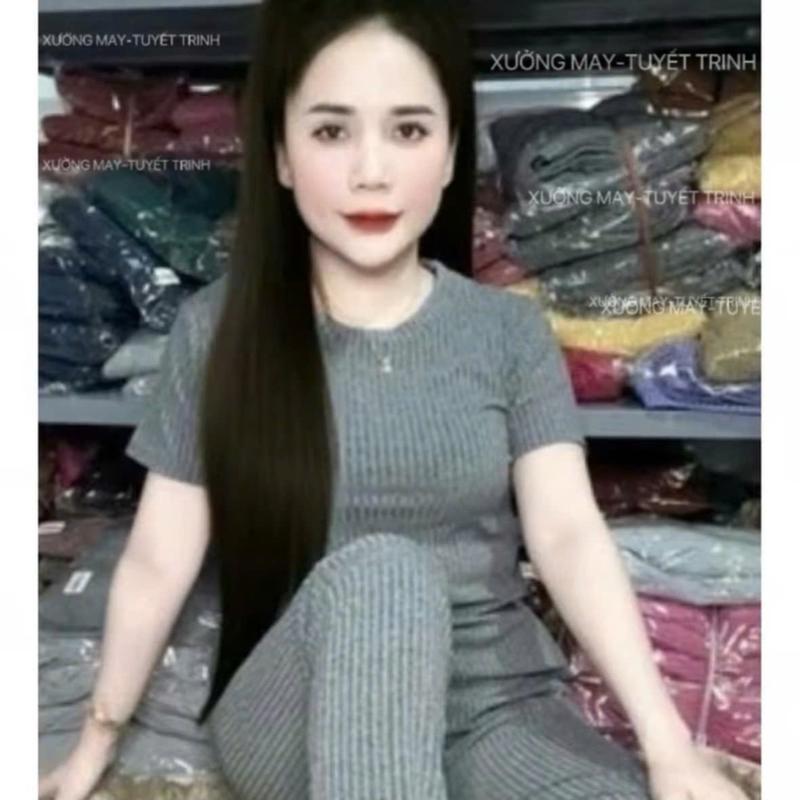 Set Bộ Mặc Nhà Áo Cổ Tròn Tay Ngắn Quần Dài Ống Ôm Vải Gân Đũa Lạnh Thoáng Mát Nhiều Size 1