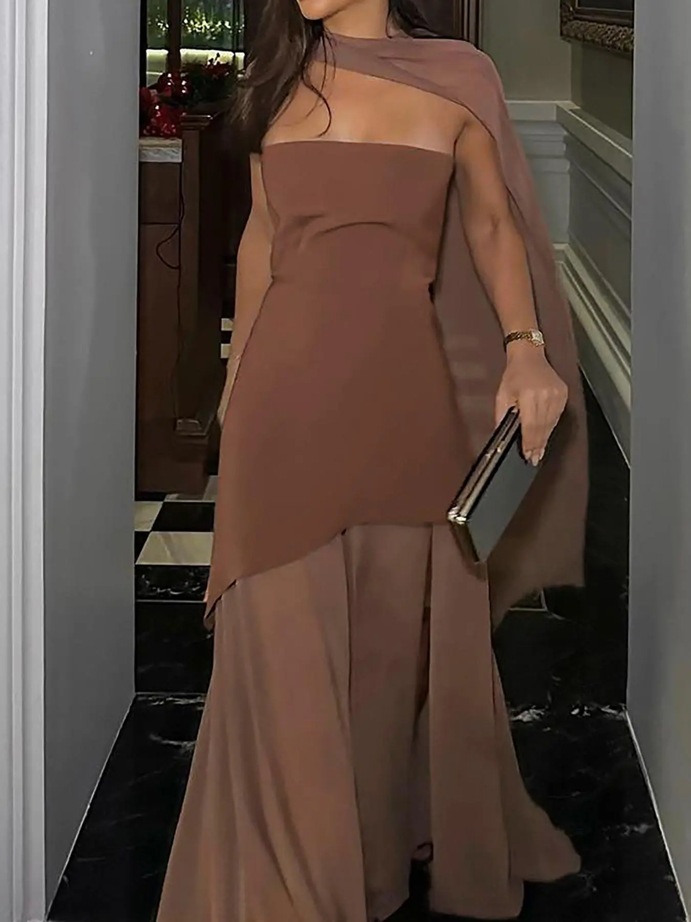 Women's Solid Color Tube Dress with Scarf, Elegant Strapless Long Dress for Party Club Dating Wear, Ladies Summer Clothes