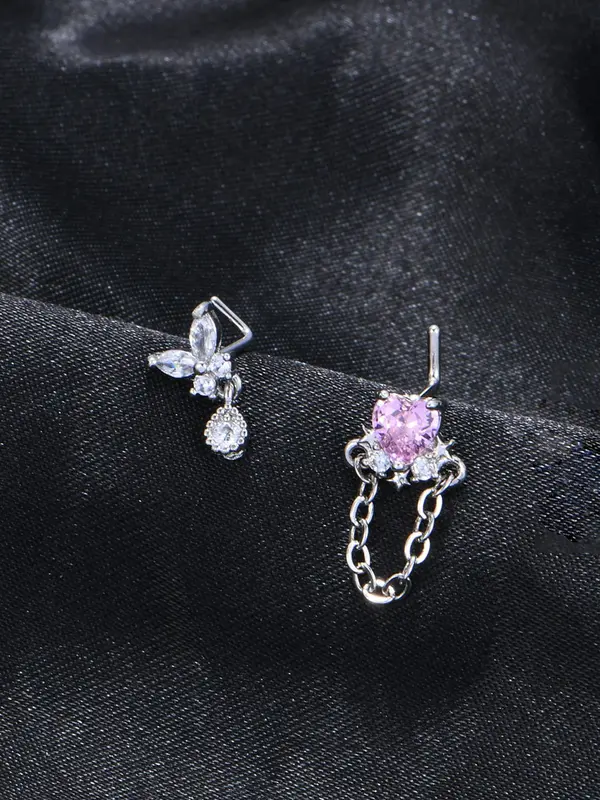 Cute Heart & Butterfly Decor Nose Stud, Stainless Steel Nose Stud Ring Set, L Shape Nose Studs, Spiral Nose Screw Stud Pack, Different Size Nose Ring Set 5