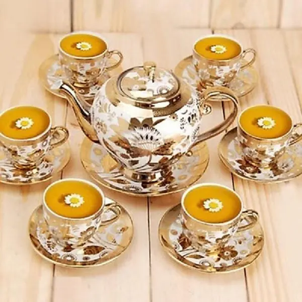 Bộ Tách Trà Nhũ Vàng Gốm Sứ Cao Cấp ( Gồm : 1 Ấm , 6 Ly, 7 Đế Sứ ) 0