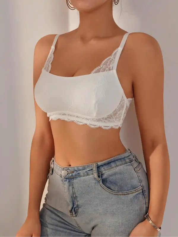 Women's Solid Floral Lace Wireless Bra, Adjustable Strap Sheer Backless Bra, Soft Comfy Breathable Lingerie for All Seasons 5