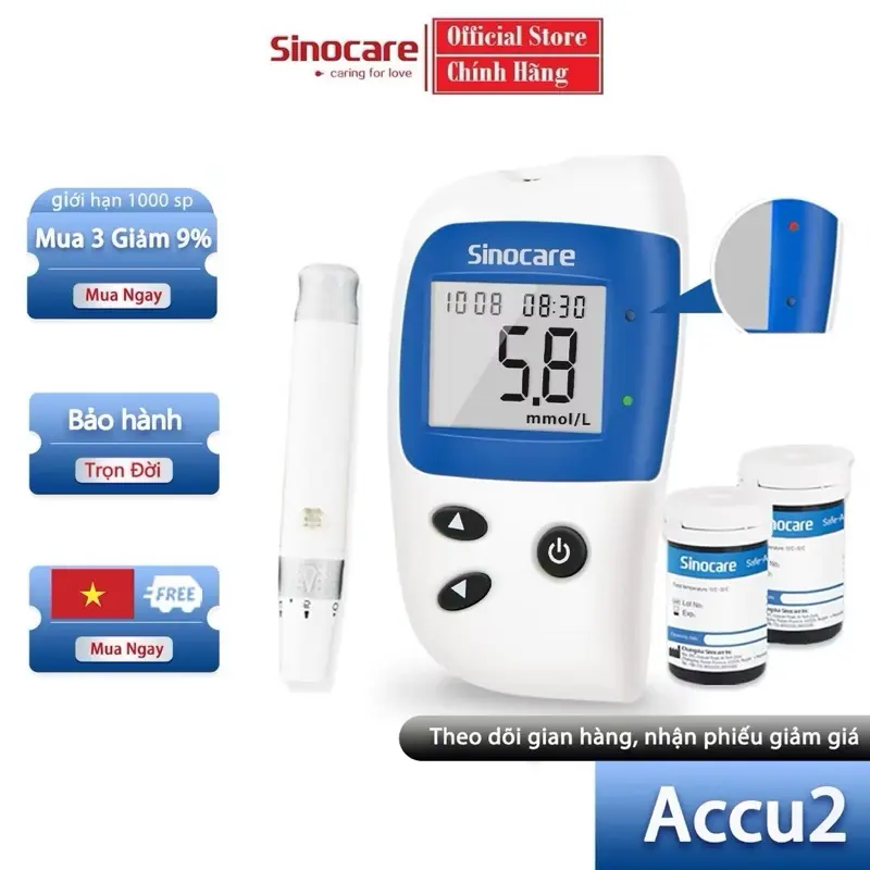 Máy Đo Đường Huyết Safe Accu 2 Chính Hãng Sinocare Tặng Kèm 25 Que Và 25 Kim