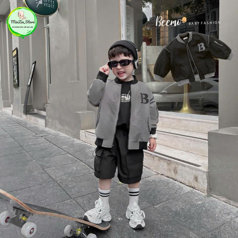 [Beemo] Áo khoác gió Bomber in chữ màu ghi/đen cho bé trai từ 1-7 tuổi (9-24kg)