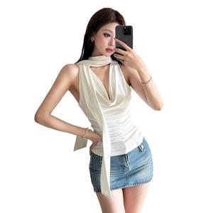2025 Spring Summer New Fashion Solid Color Sexy V-Neck Slim Neck Sleeveless T-Shirt for Women