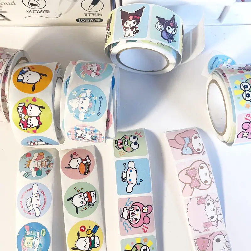 200pcs/500pcs/roll Sanrio Family Kuromi Melody Cinnamon Cute Creative Label Sticker Roll Tape