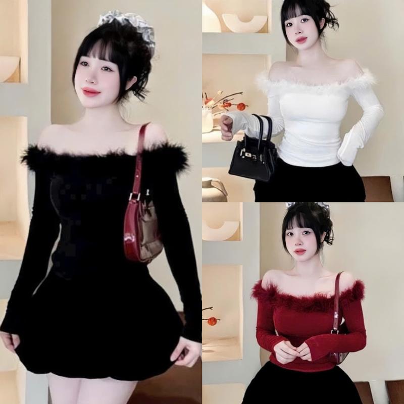 Áo Thun Trễ Vai Viền Lông - A406 Nữ Women Top Voi